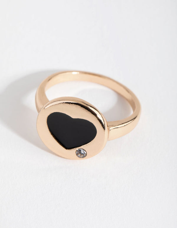 Gold Round Black Heart Signet Ring