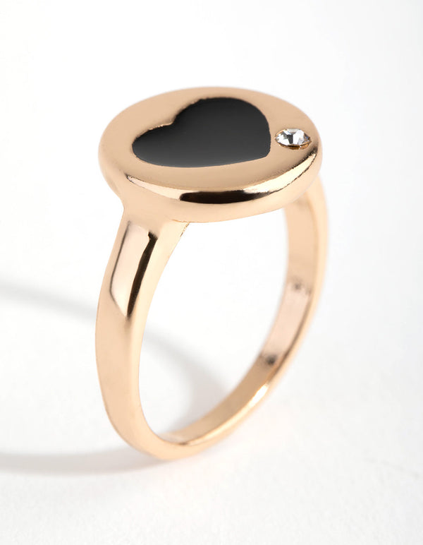 Gold Round Black Heart Signet Ring