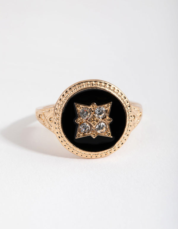 Gold Black and Stone Signet Ring