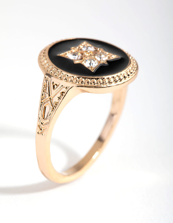 Gold Black and Stone Signet Ring