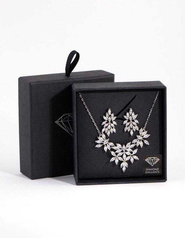 Rhodium Diamond Simulant Navette Flower Necklace and Earrings Set
