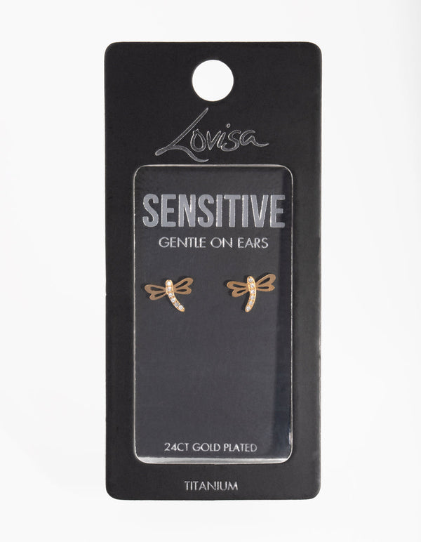 24 Carat Gold Plated Titanium Dragonfly Stud Earrings