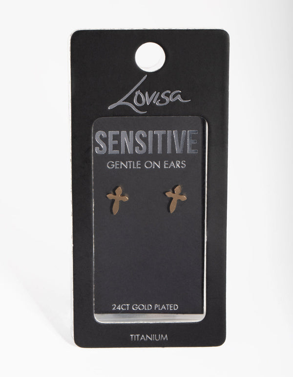 24 Carat Gold Plated Titanium Cross Stud Earrings