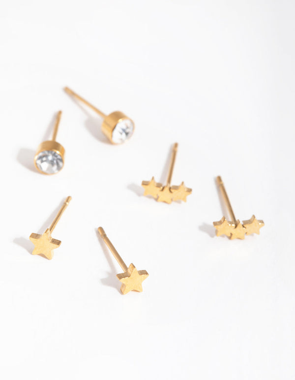 24 Carat Gold Plated Titanium Star 3-Pack Stud Earrings