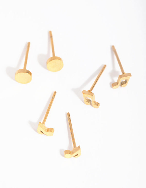 24 Carat Gold Plated Titanium Note 3-Pack Stud Earrings