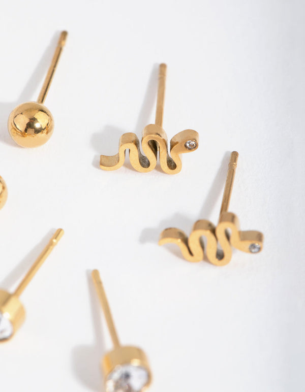24 Carat Gold Plated Titanium Snake Stud 3-Pack Earrings