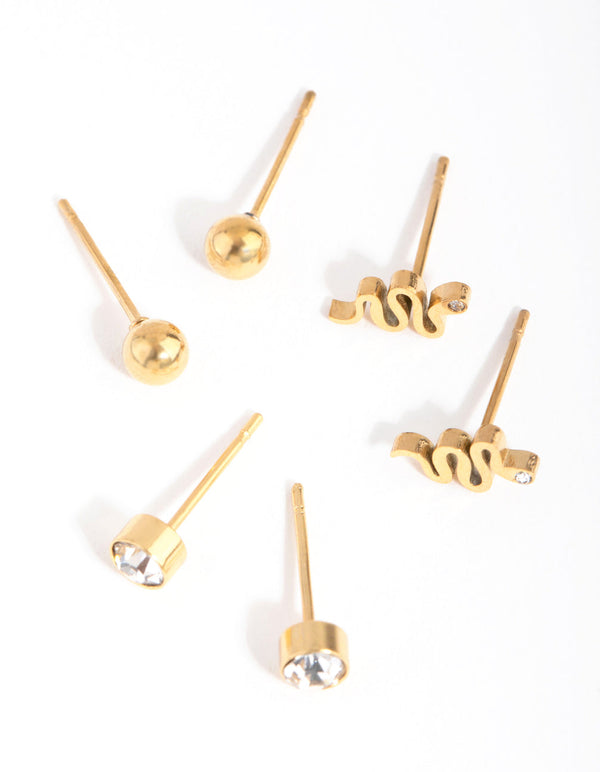 24 Carat Gold Plated Titanium Snake Stud 3-Pack Earrings