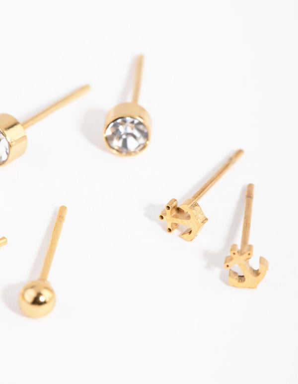 24 Carat Gold Plated Titanium Sea 3-Pack Stud Earrings