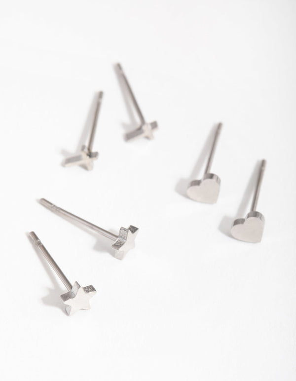 Titanium Star Heart and Cross 3-Pack Stud Earrings