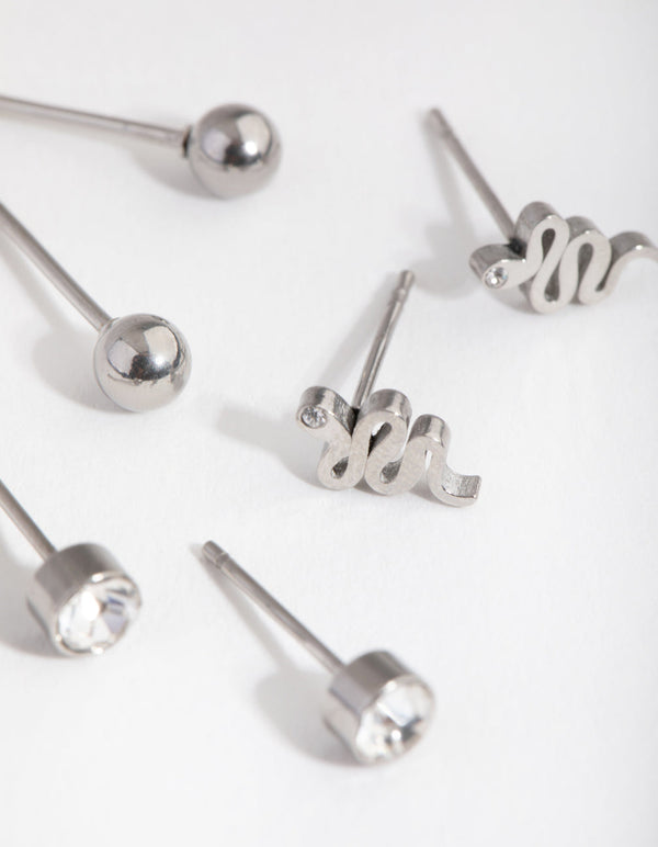 Titanium Diamante Snake Stud 3-Pack Earrings