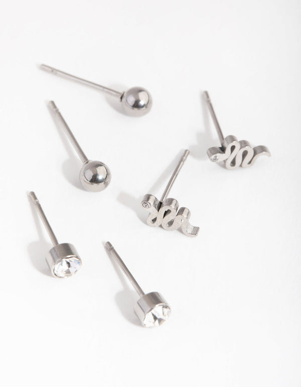Titanium Diamante Snake Stud 3-Pack Earrings