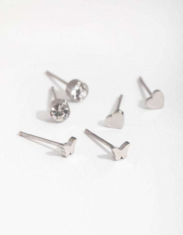 Titanium Heart and Butterfly 3-Pack Stud Earrings