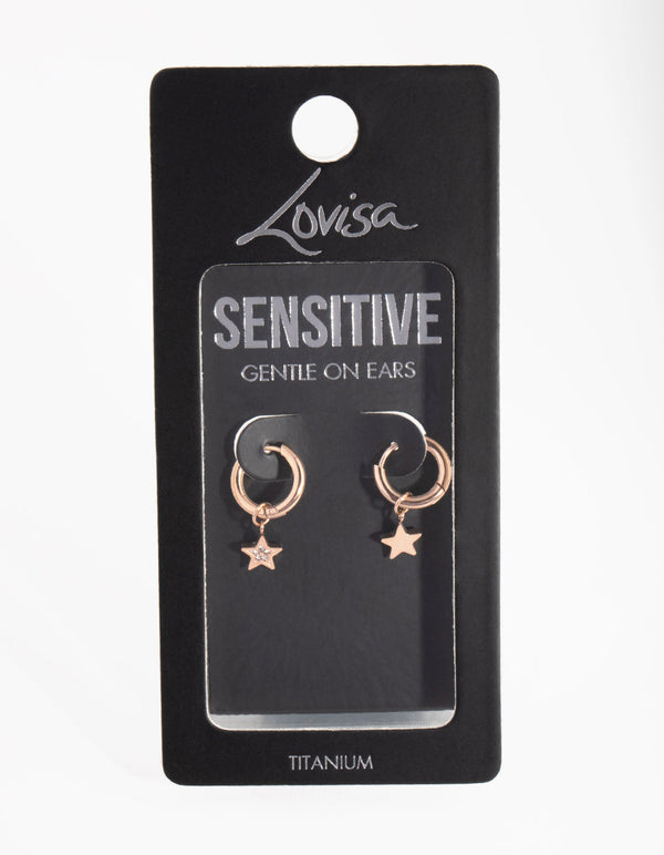Rose Gold Titanium Diamante Star Huggie Earrings
