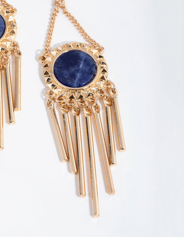 Gold Lapis Metal Tassel Earrings