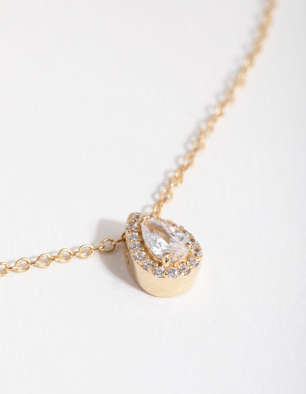 Gold Cubic Zirconia Pear Halo Necklace
