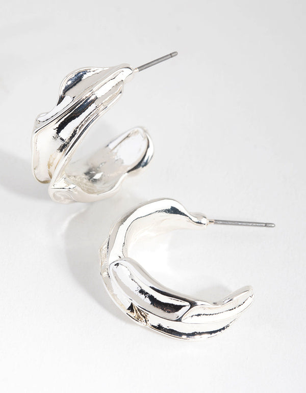 Silver Textured Wave Hoop Earrings