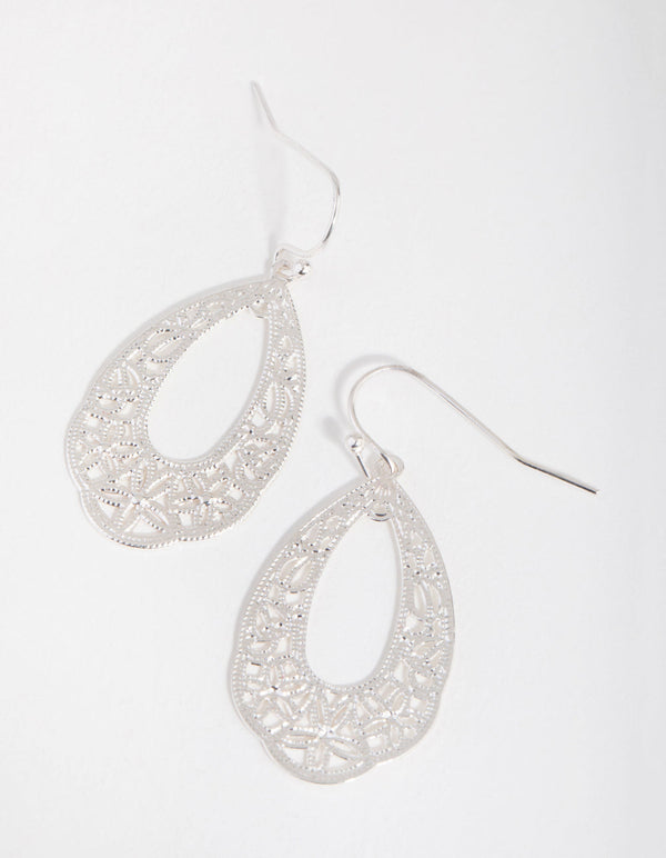 Silver Stamp Flower Teardrop Earrings