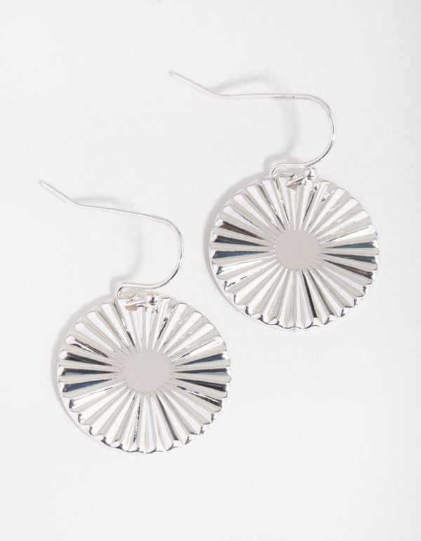 Silver Textured Fan Disc Drop Earrings