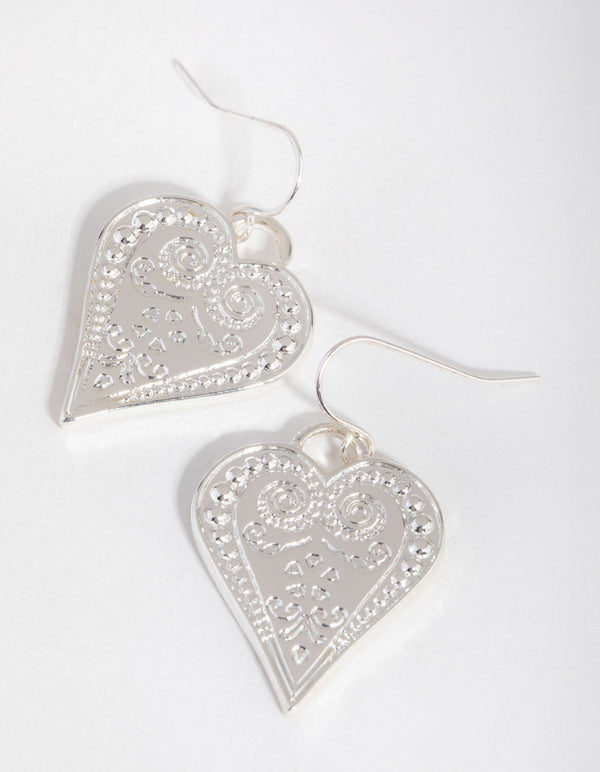 Silver Swirl Detail Heart Drop Earrings