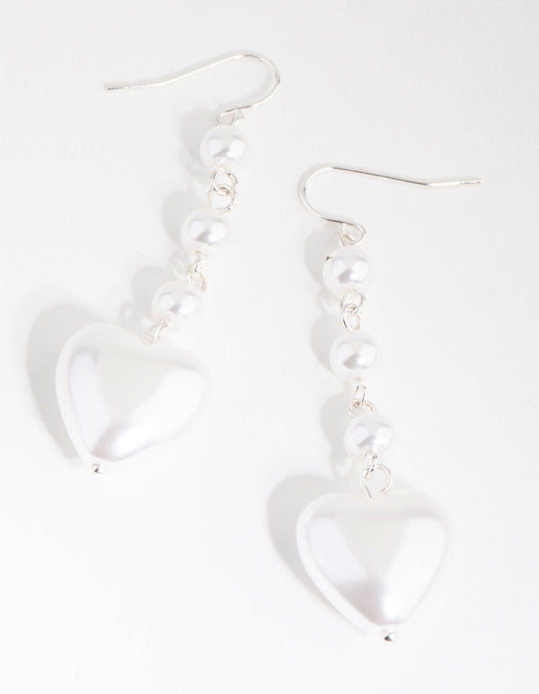 Silver Pearl Heart Drop Earrings