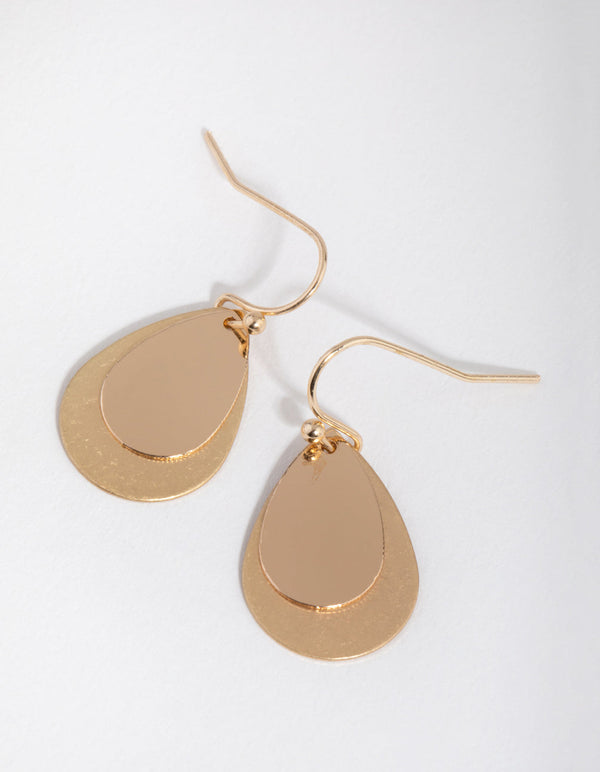 Gold Double Teardrop Disc Drop Earrings