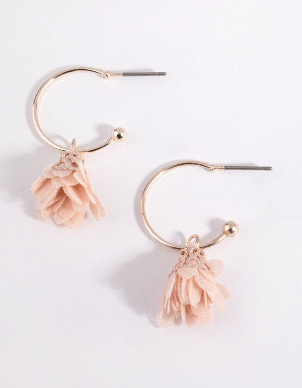 Rose Gold Fabric Flower Open Hoop Earrings