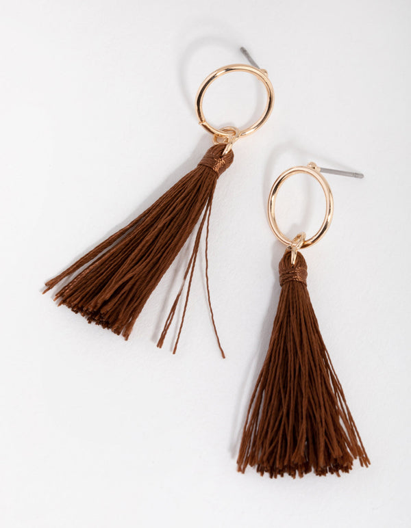 Gold Open Circle Tassel Drop Earrings