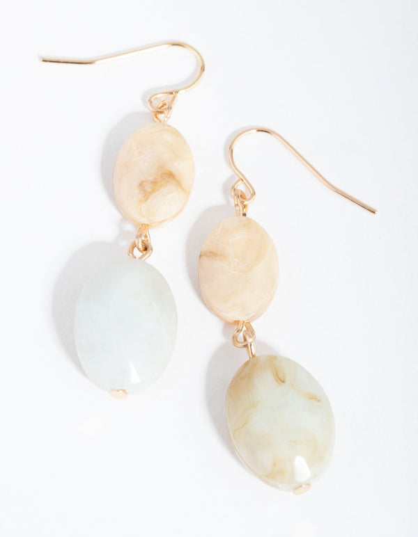 Gold Flat Oval Stone Drop Earrings