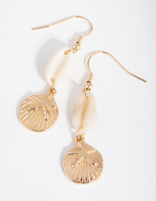Gold Shell and Clam Drop Earrings