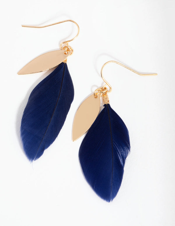 Gold Disc and Feather Drop Earrings