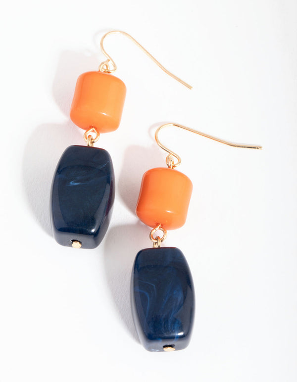 Gold Block Stone Mix Drop Earrings