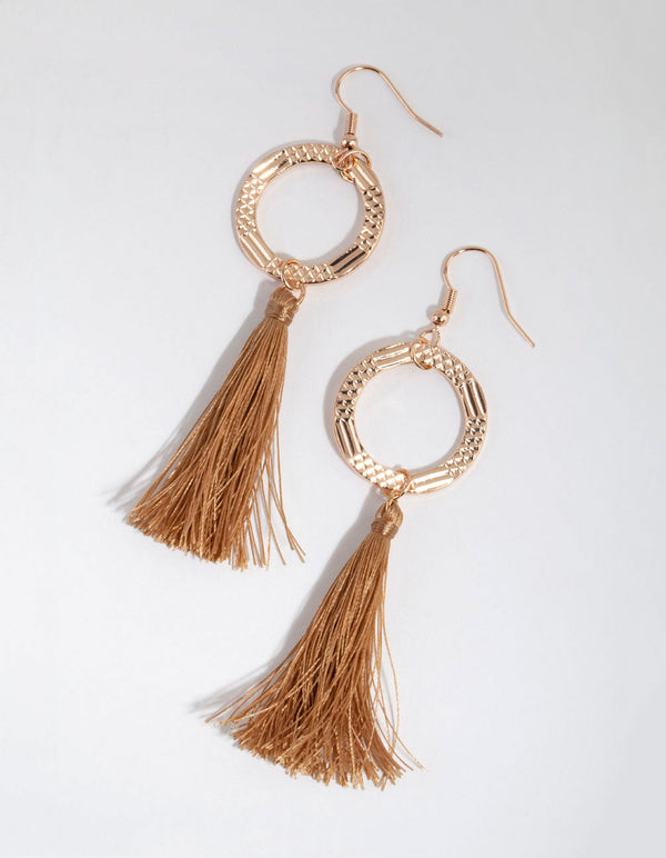 Tan Etched Disc Tassel Drop Earrings
