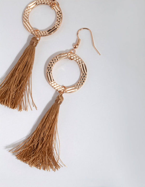 Tan Etched Disc Tassel Drop Earrings