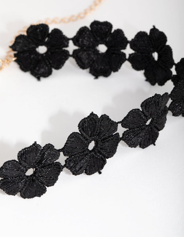 Gold Flower Black Lace Choker Necklace