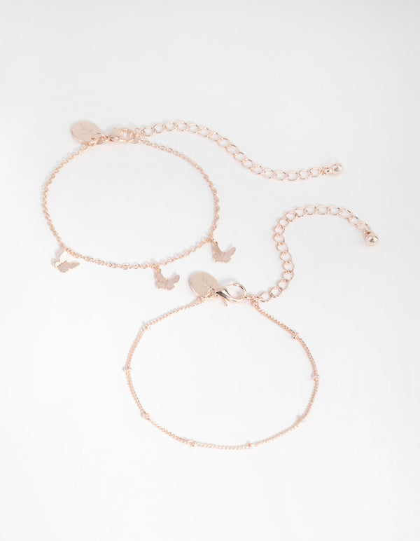 Rose Gold Butterfly Charm 2-Pack Bracelets