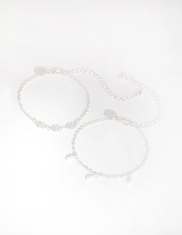 Silver Rose and Pearl Bracelet Set