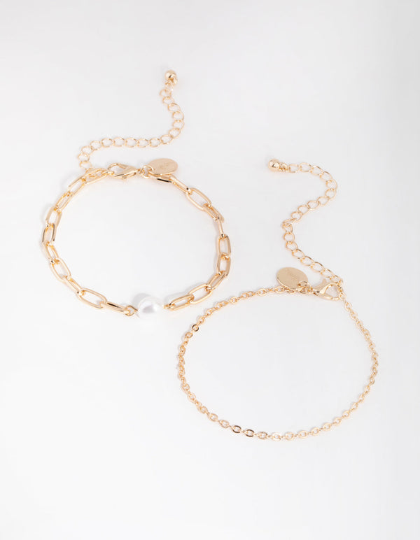 Gold Link Chain Pearl 2-Pack Bracelet