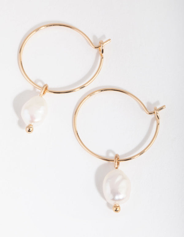 Gold Pearl Pebble Pendant Hoop Earrings