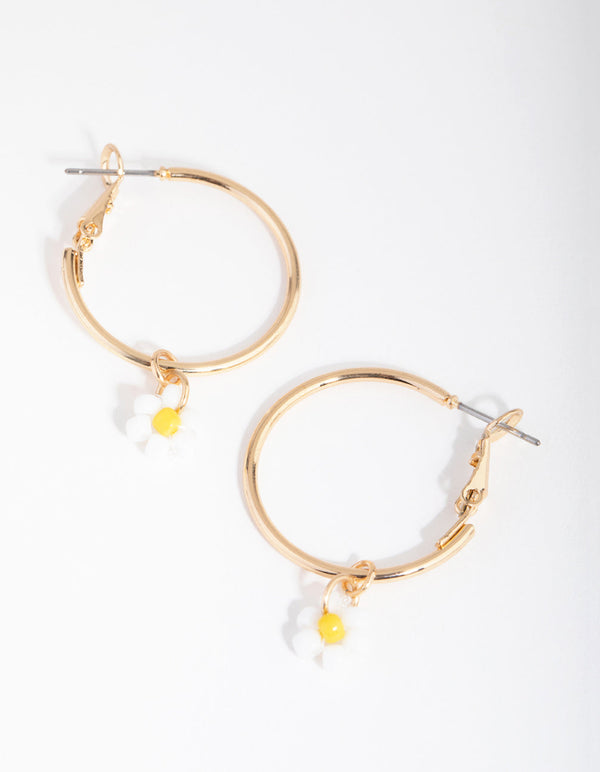 Gold Bead Daisy Hoop Earrings