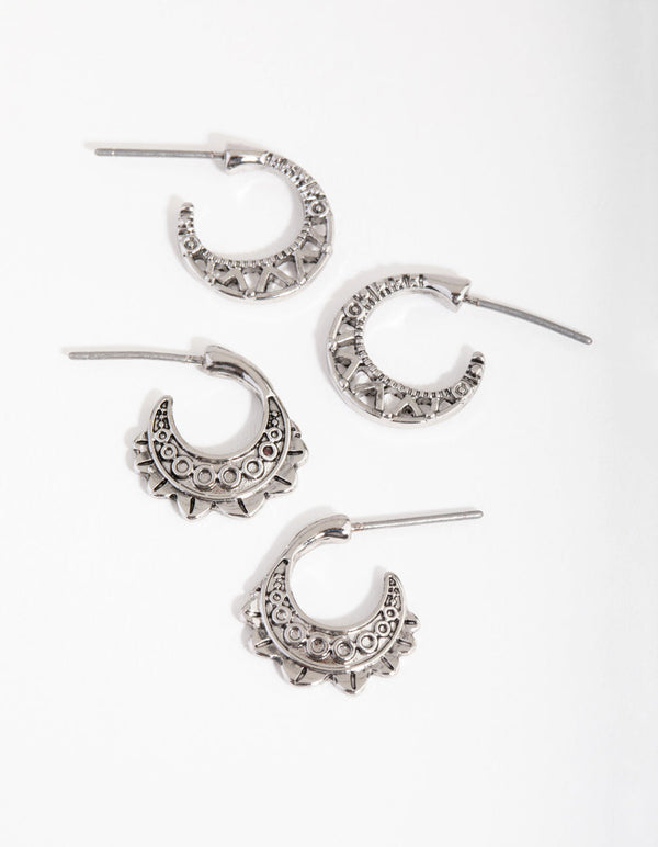 Antique Silver Etched Hoop Earrings