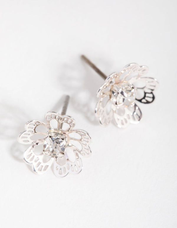 Silver Diamante Stamp Flower Stud Earrings