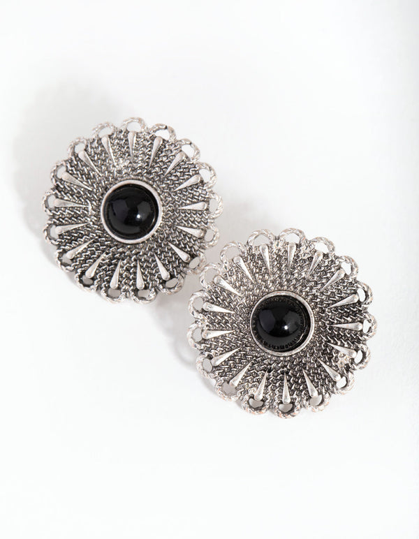 Antique Silver Etched Flower Bead Stud Earrings