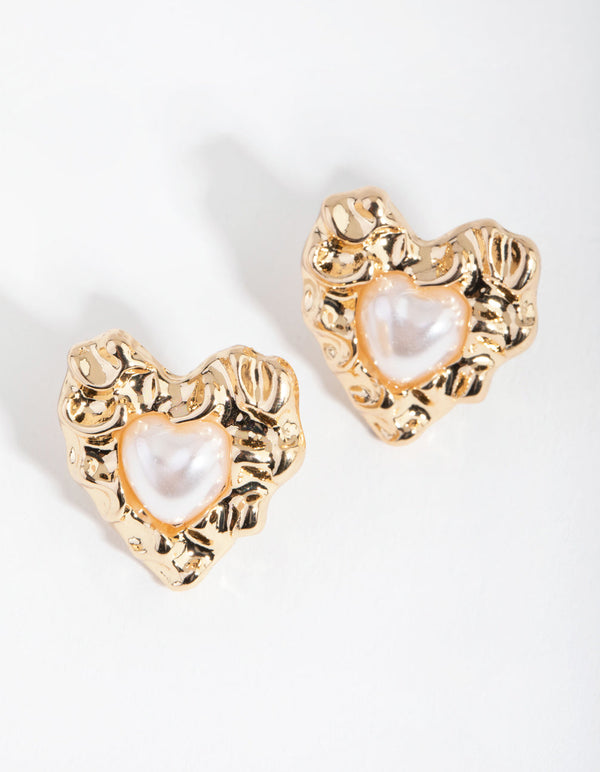 Gold Pearl and Textured Heart Stud Earrings