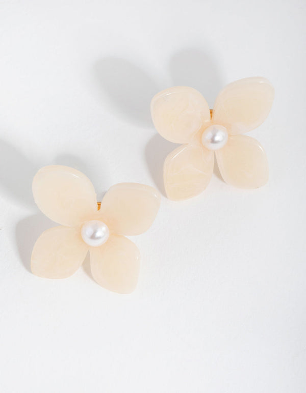 Gold Four Petal Pearl Flower Stud Earrings