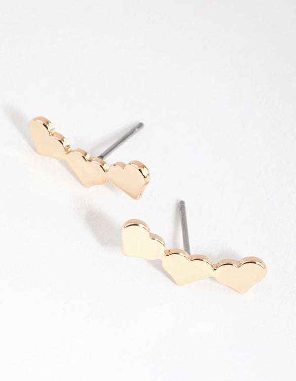 Gold Trio Heart Crawler Stud Earrings