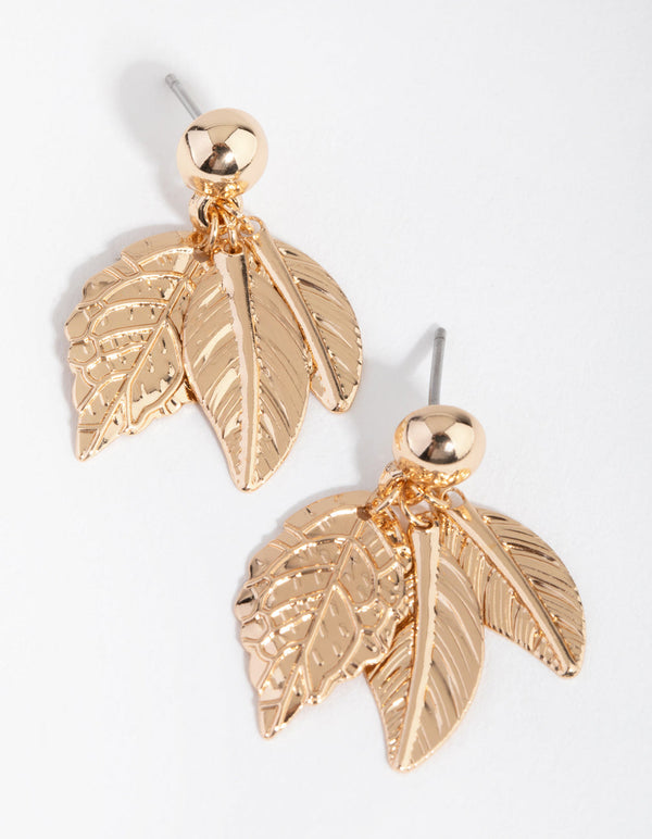 Gold Leaf Cluster Drop Stud Earrings