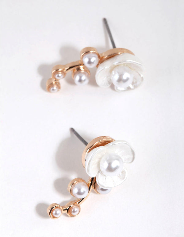 Gold Pearl Flower Crawler Stud Earrings