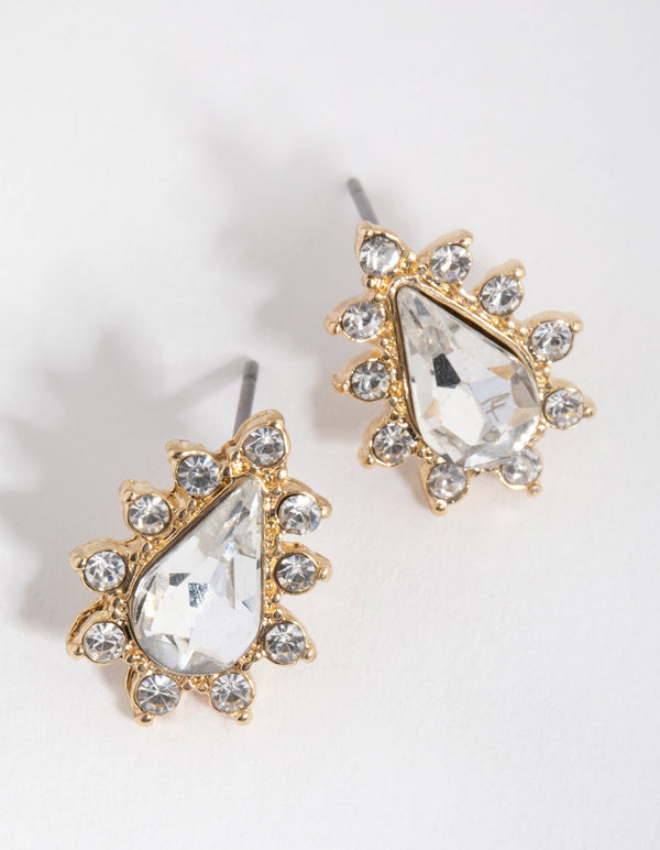 Gold Faceted Pear Surrounded Stud Earrings