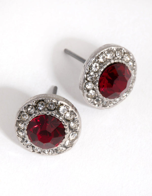 Round Red Surrounded Stone Stud Earrings