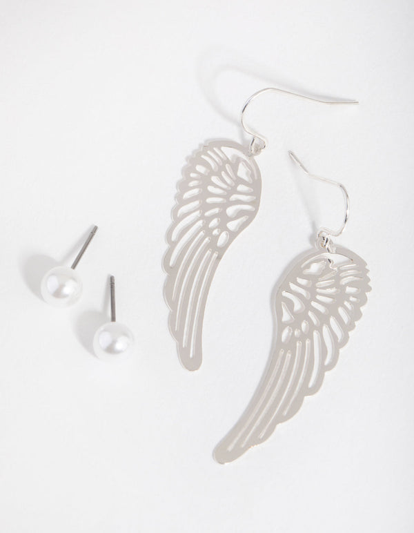 Silver Pearl Feather Drop Earrings